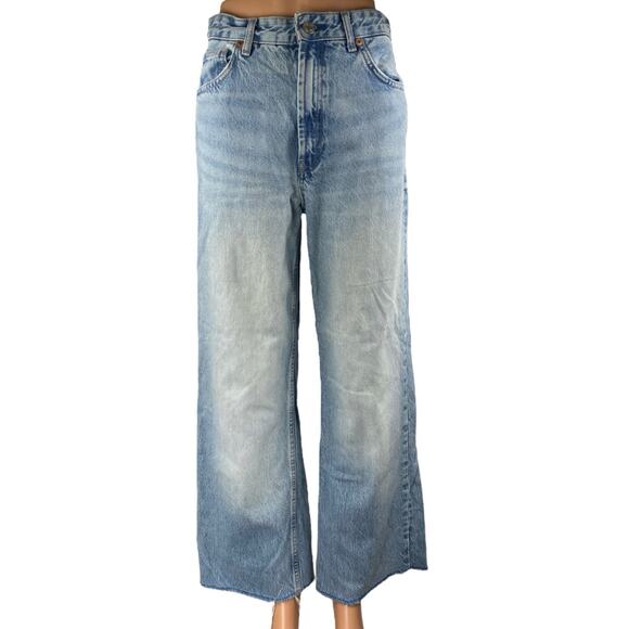 Zara Denim - Zara Women's Blue High Waist Frayed Raw Hem Baggy Wide Leg Denim Jeans Pants 6